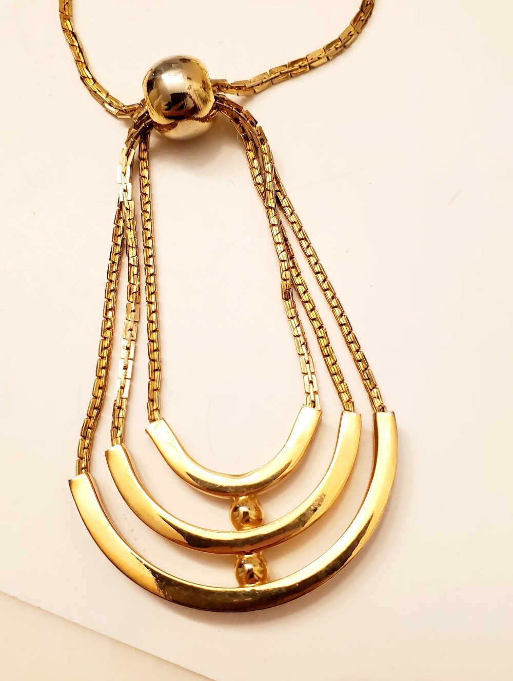 Gold-Tone Multi-Layer Crescent Pendant Necklace, Vintage, 20 Inch Chain